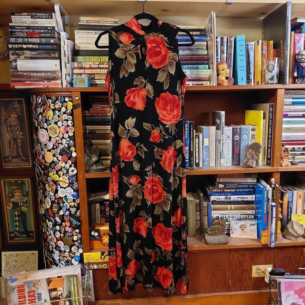 Romni Nicole Vintage 90s Floral Midi Dress Black Red Keyhole Sleeveless Medium